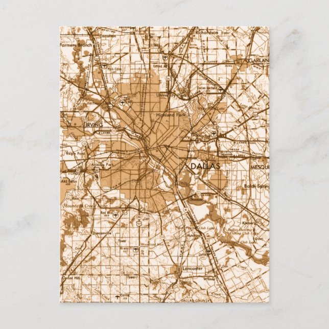 Cartão Postal Mapa de Dallas Vintage (Frente)