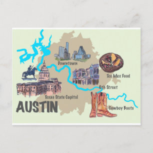 Cartão Postal Mapa de Destaques do Austin Texas