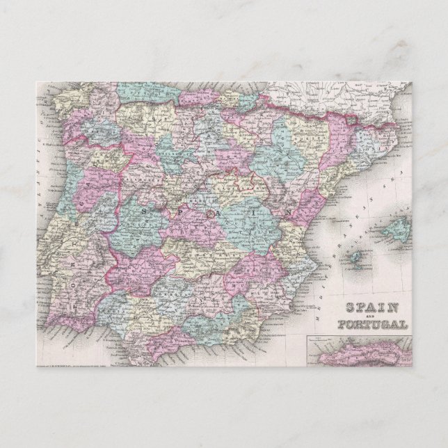Cartão Postal Mapa de Espanhas da Vintage (1855) (Frente)