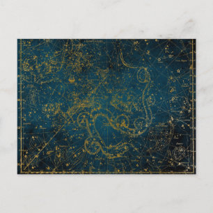 Cartão Postal Mapa de estrelas Dourado e Azul Escuro Ilustrado