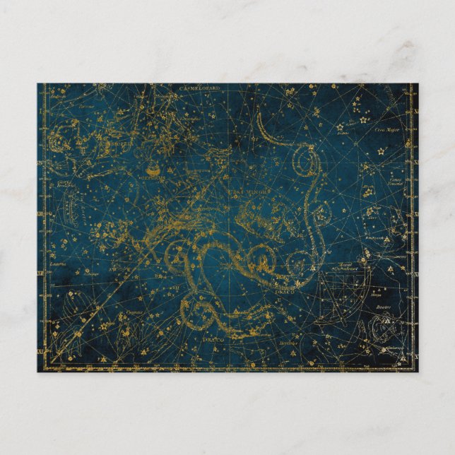 Cartão Postal Mapa de estrelas Dourado e Azul Escuro Ilustrado (Frente)