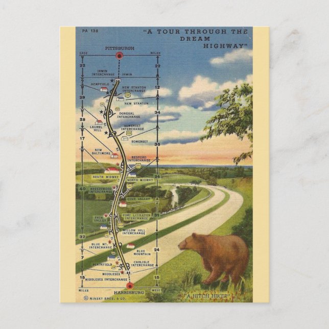 Cartão Postal Mapa de Harrisburg a Pittsburg (Frente)