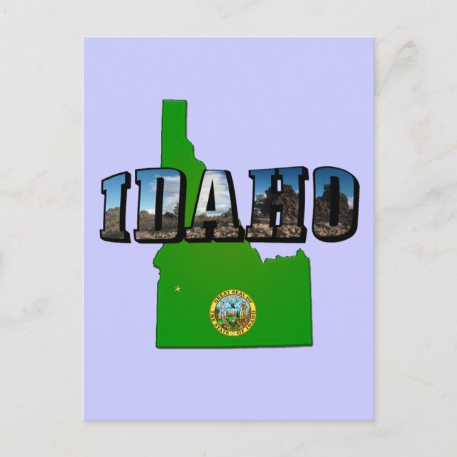 Cartão Postal Mapa de Idaho, Selo e Texto de Imagem (Frente)