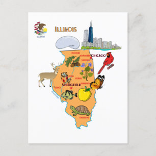 Cartão Postal Mapa de Illinois com Destinos Turísticos