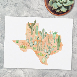 Cartão Postal Mapa de Ilustração de Aquarela do Texas Cactus