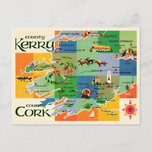 Cartão Postal Mapa de Kerry e Cork da Irlanda (Frente)