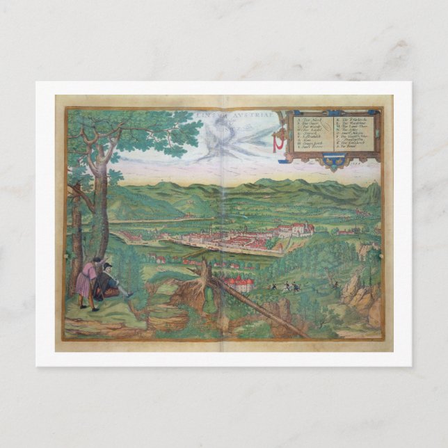 Cartão Postal Mapa de Linz, de Civitates Orbis Terrarum, por Ge (Frente)