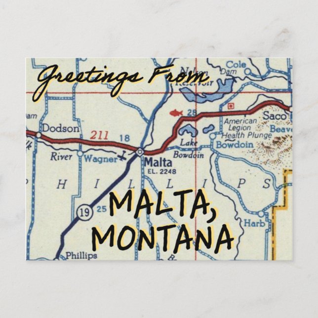 Cartão Postal Mapa de Malta Montana Vintage (Frente)