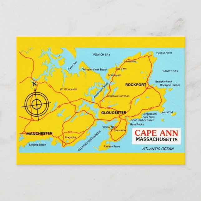 Cartão Postal Mapa de Massachusetts de Cape Ann (Frente)