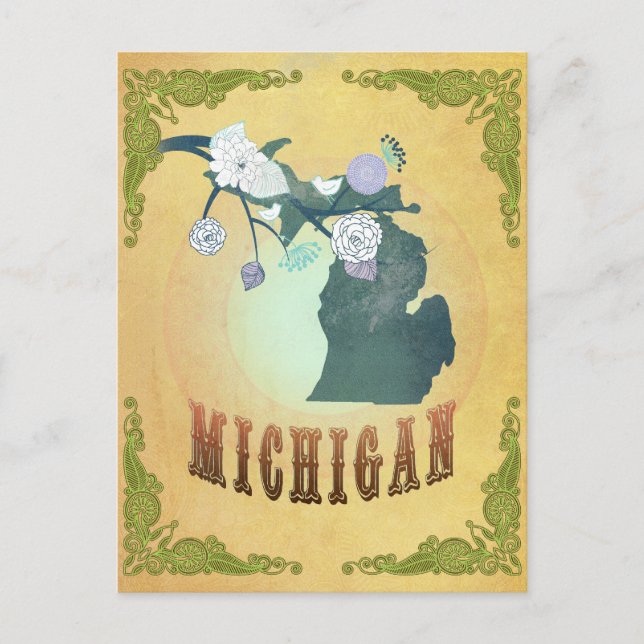 Cartão Postal Mapa de Michigan com Pássaros Adoráveis (Frente)