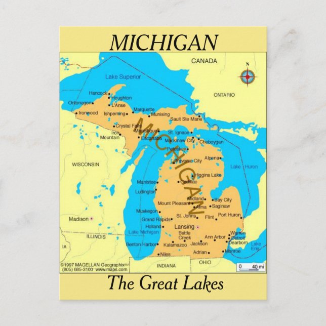 Cartão Postal Mapa de Michigan State (Frente)