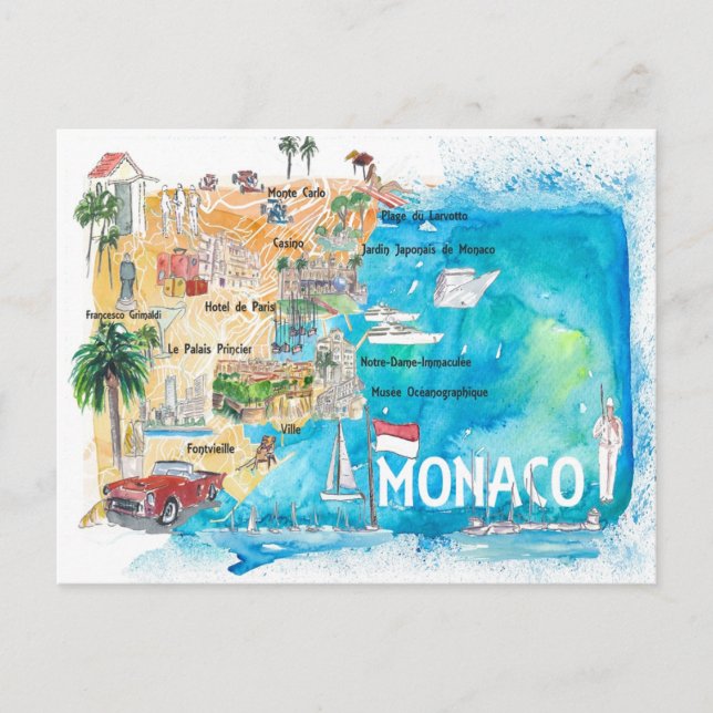Cartão Postal Mapa de Mônaco Monte Carlo Ilustrado com Pontos de (Frente)