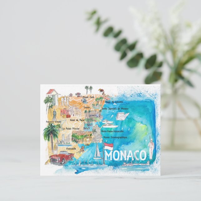 Cartão Postal Mapa de Mônaco Monte Carlo Ilustrado com Pontos de (Em pé/Frente)