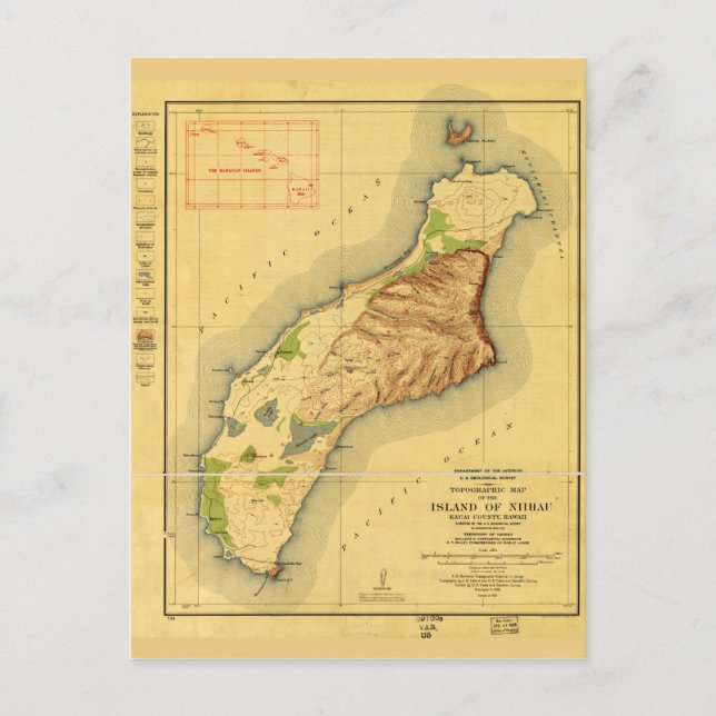 Cartão Postal Mapa de Niihau, Ilha Havaiana (1929) (Frente)