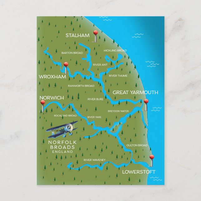 Cartão Postal Mapa de Norfolk Broads Inglaterra. (Frente)