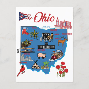 Cartão Postal Mapa de Ohio com Principais Destinos Turísticos