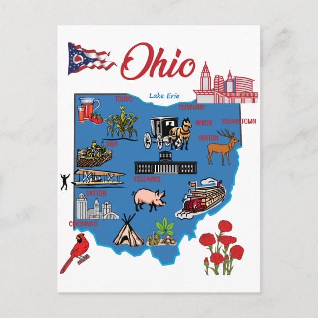 Cartão Postal Mapa de Ohio com principais destinos turísticos (Frente)