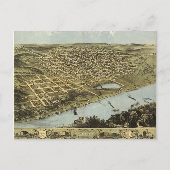 Cartão Postal Mapa de Omaha Nebraska visto de cima (1868) (Frente)