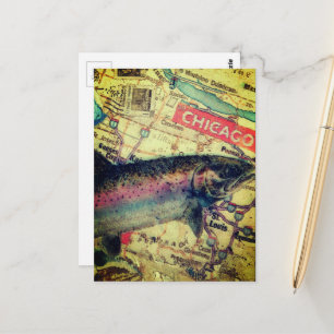 Cartão Postal Mapa de Peixes de Chicago Colagem de Mídia Mista