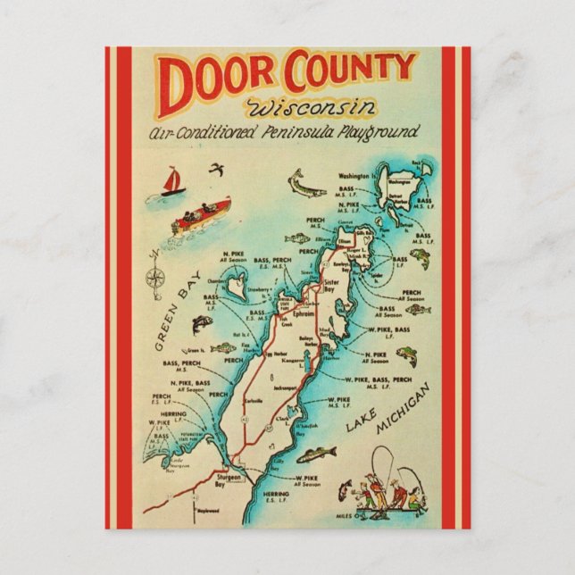 Cartão Postal Mapa de Pesca Antigo do Condado de Door  (Frente)