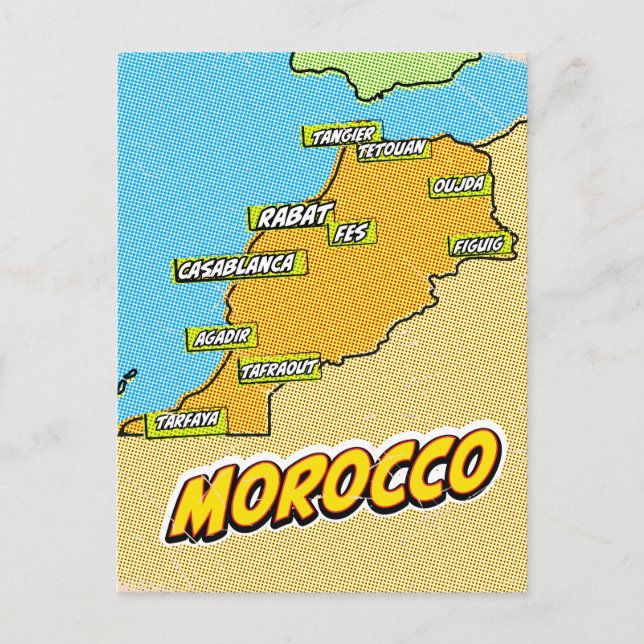 Cartão Postal Mapa de pop Art Ilustrado em Marrocos (Frente)