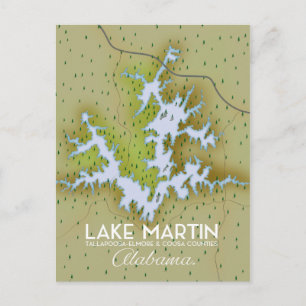 Cartão Postal Mapa de pôster de viagem do Lago Martin Alabama.
