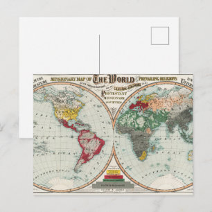 Cartão Postal Mapa de Religiões Missionárias Mundiais Vintage de
