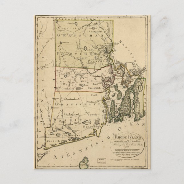 Cartão Postal Mapa de Rhode Island de Carl Ernst Bohn (1797) (Frente)