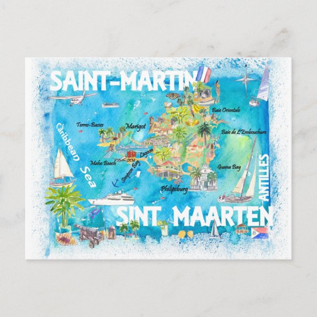 Cartão Postal Mapa de santo-Martin Sint Maarten Antilles (Frente)