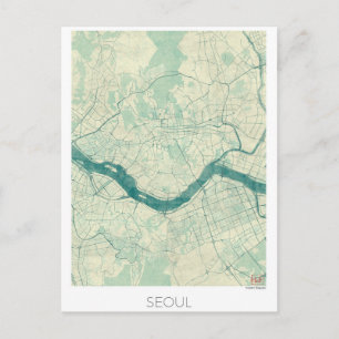 Cartão Postal Mapa de Seul Azul Aquarela Vintage