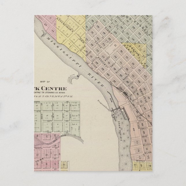 Cartão Postal Mapa de Soluços Rapidos, Mapa do Centro Sauk, Minn (Frente)