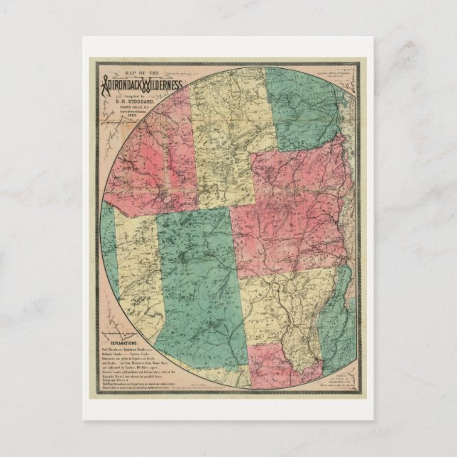 Cartão Postal Mapa de Stoddard da Selvagem de Adirondack, 1883 (Frente)