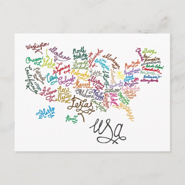Cartão Postal Mapa de texto de roteiro dos Estados Unidos da Amé (Frente)