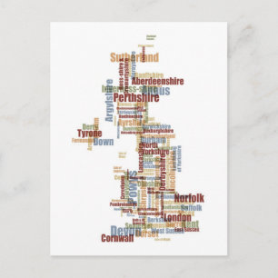 Cartão Postal Mapa de Texto do Condado do Reino Unido do Excelen
