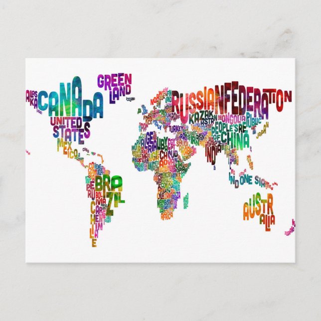 Cartão Postal Mapa de Texto do Mundo (Frente)
