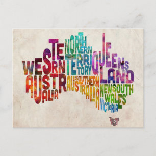 Cartão Postal Mapa de Texto Tipográfico da Austrália