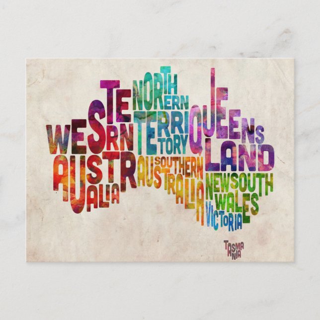 Cartão Postal Mapa de Texto Tipográfico da Austrália (Frente)
