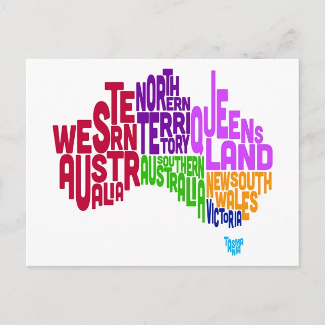 Cartão Postal Mapa de Texto Tipográfico da Austrália (Frente)