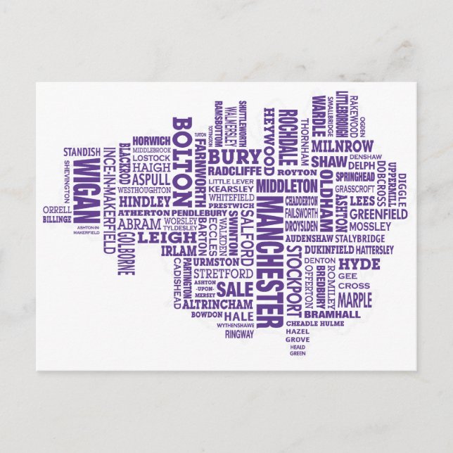 Cartão Postal Mapa de tipo da Grande Manchester (Frente)