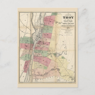 Cartão Postal Mapa de Troy West Troy Green Island New York (1874