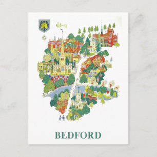 Cartão Postal Mapa de Viagem Antigo de Bedford, Inglaterra