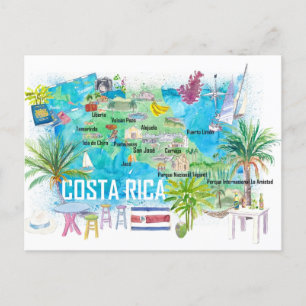 Cartão Postal Mapa de Viagem com Estradas Ilustrado da Costa Ric