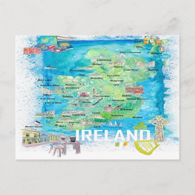 Cartão Postal Mapa de Viagem com Estradas Ilustrado da Irlanda (Frente)