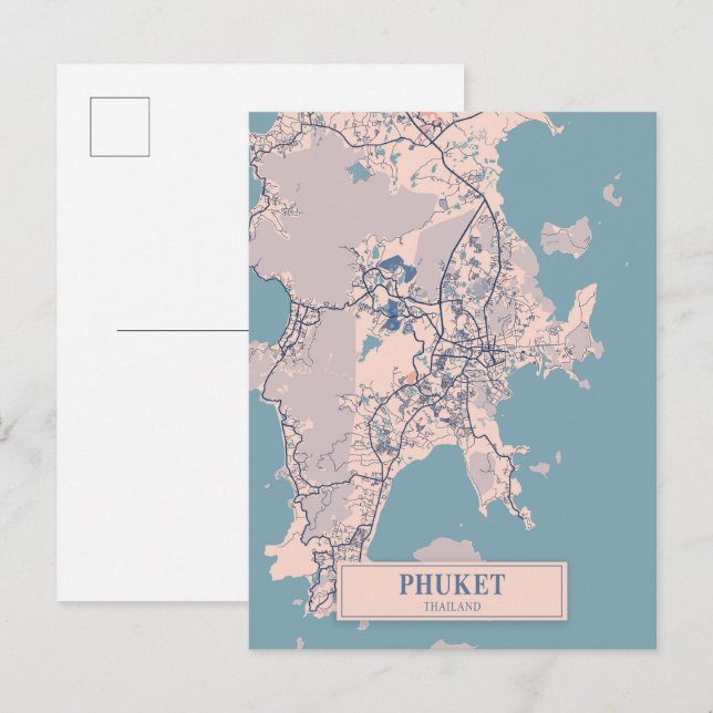 Cartão Postal Mapa de viagem da cidade arejada de Phuket Tailând (Frente/Verso)