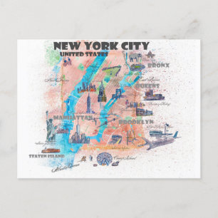 Cartão Postal Mapa de viagem da cidade de Nova York com mapa de 
