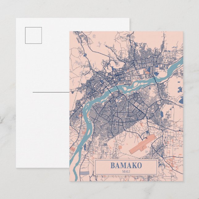 Cartão Postal Mapa de viagem da cidade ventosa de Bamaco Mali (Frente/Verso)