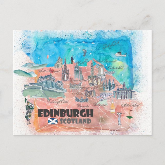 Cartão Postal Mapa de Viagem da Escócia de Edimburgo (Frente)