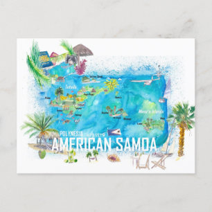 Cartão Postal Mapa de Viagem da Ilha Ilustrada da Samoa American
