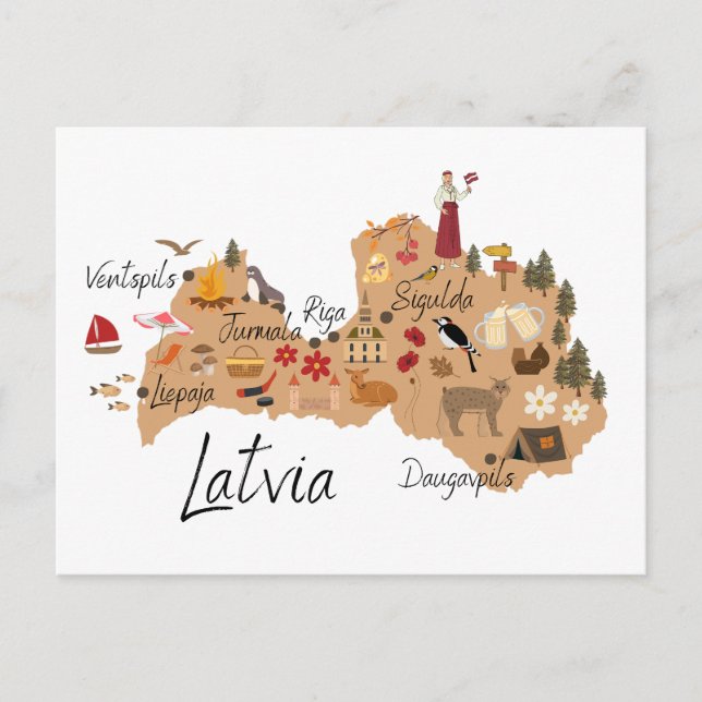 Cartão Postal Mapa de viagem da Letônia (Frente)
