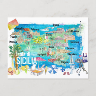 Cartão Postal Mapa de Viagem da Sicília Itália Ilustrada